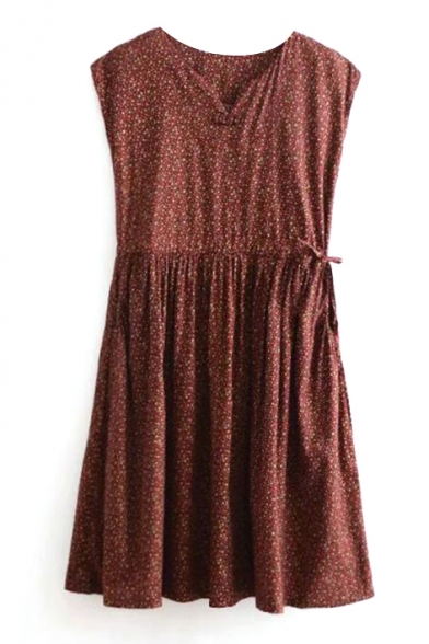 Brick Red Sleeveless V-Neck Printed A-line Dress