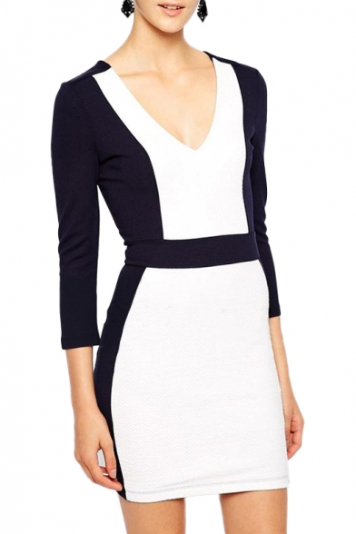 Fitted Empire Waist V Neck Pencil Dress with 3/4 Sleeve