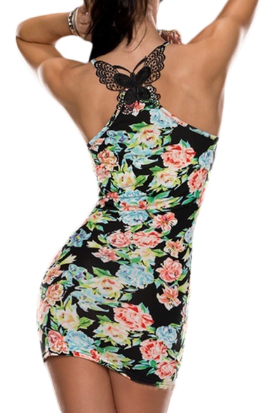 Floral Print Butterfly Back Bodycon Dress