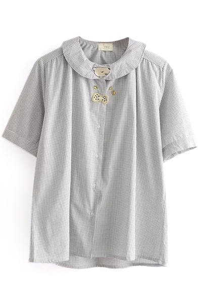 Gray Gingham Short Sleeve Peter Pan Collar Cartoon Bear Embroidered Shirt
