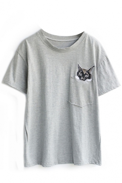 Gray Pocket Embroidered Cat Head T-Shirt