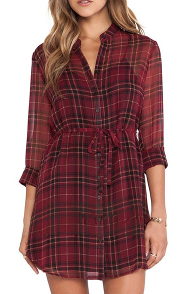Red Plaid Print Chiffon Single Breast Fitted Belted Dress