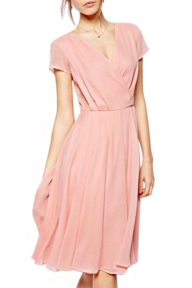 V-Neck Short Sleeve Pearl Pink Chiffon Dress