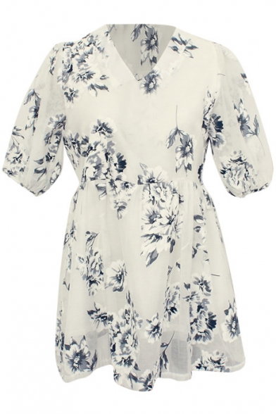 White Short Sleeve Flower Print Organza Babydoll Dress