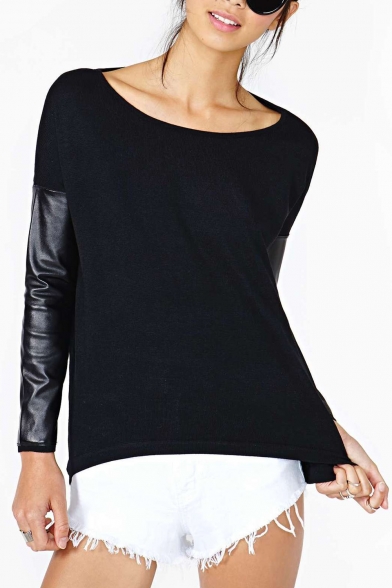 Black Long Sleeve Knit PU Insert Fitted T-Shirt