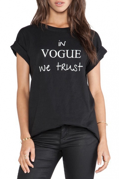 Black Short Sleeve in Vogue We Trust Print Fitted T-Shirt