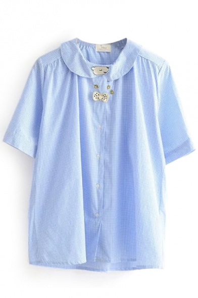 Blue Gingham Short Sleeve Peter Pan Collar Cartoon Bear Embroidered Shirt