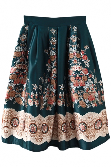 Dark Green Vintage Flower Midi A-line Skirt