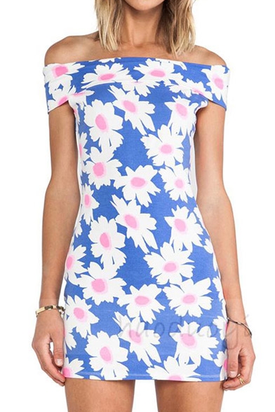 Floral Print Off Shoulder Bodycon Dress with Short Sleeve