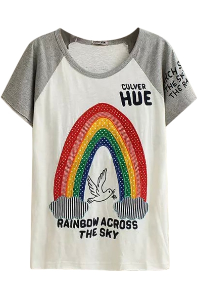 Gray Short Sleeve Rainbow&Bird&Letters Embroidered T-Shirt