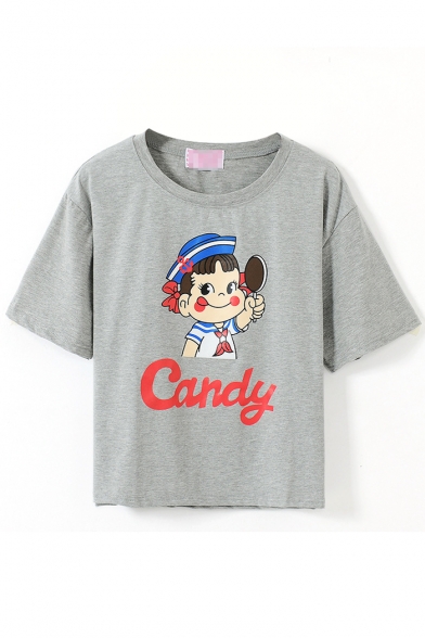 Gray Short Sleeve Schoolgirl with Candy Crop T-Shirt
