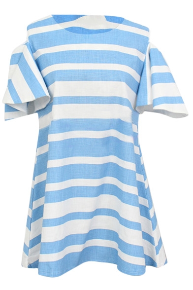 Light Blue Thick Stripe Ruffle Short Sleeve Navy Style Dress