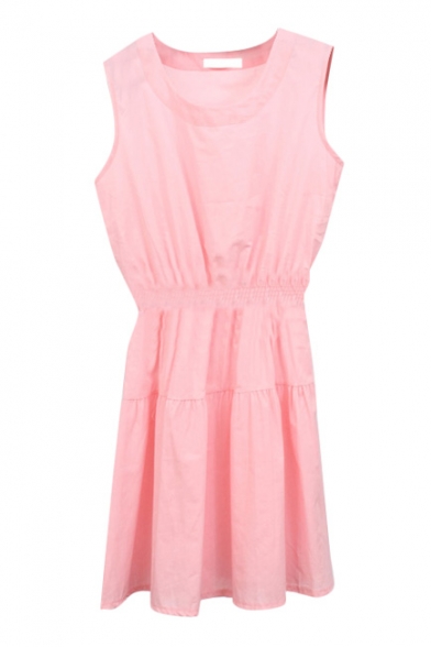Pink Sleeveless Elastic Waist A-line Dress