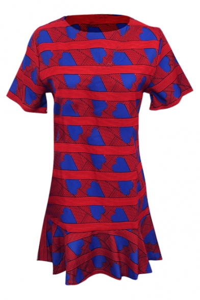 Red Background Blue Heart Geometry Short Sleeve Ruffle Hem Dress