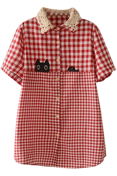 Red Short Sleeve Gingham Kitty Applique Lace Lapel Shirt