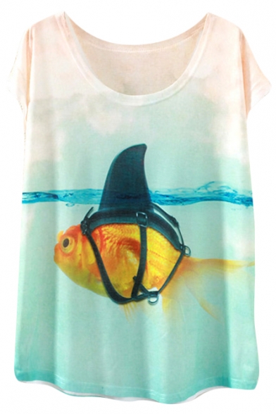 Swimming Goldfish Print White Short Sleeve T-Shirt