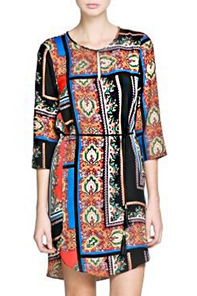 Tie Waist Gorgeous Tribal Style Pattern Print 1/2 Sleeve Column Dress