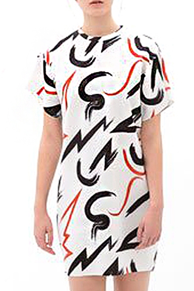 White Abstract Print Short Sleeve Pencil Dress