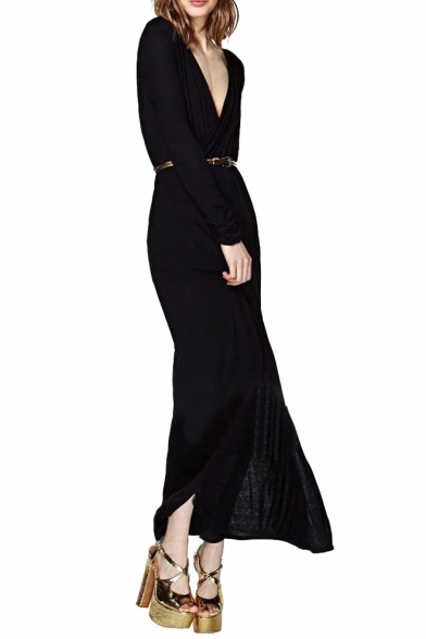 Black Front Split Floor Length V-Neck Dress with Belt