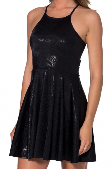 Black Geometric Pattern Shining Gilding Slip Cami Dress