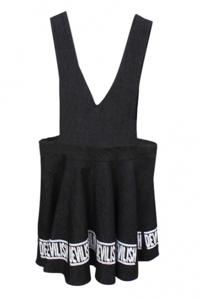 Black Plunge Neck Mini Overall Dress with Letters