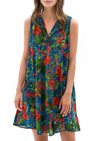 Floral V-Neck Sleeveless Loose Midi Dress