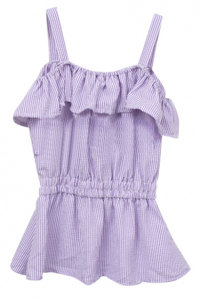 Lilac Vertical Stripe Ruffle Layer Off-the-Shoulder Straps Blouse