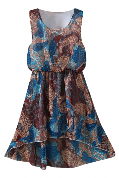 Multi Color Vintage Pattern Print Elastic Waist Chiffon Tanks Dress