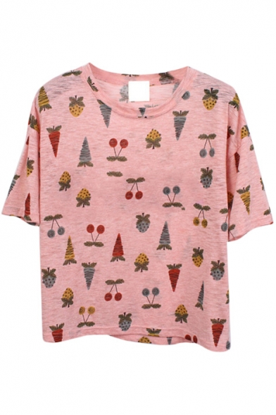 Pink Loose Cherry&Carrot&Strawberry T-Shirt