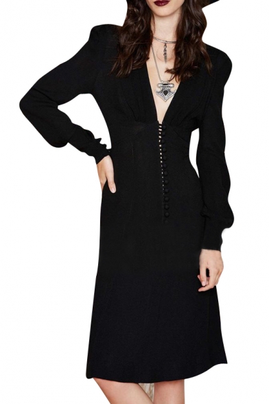 Plunge Neck Button Fly Detail Bell Sleeve Black A-line Dress