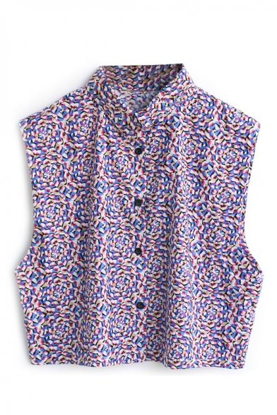Purple Print Sleeveless Point Collar Crop Shirt