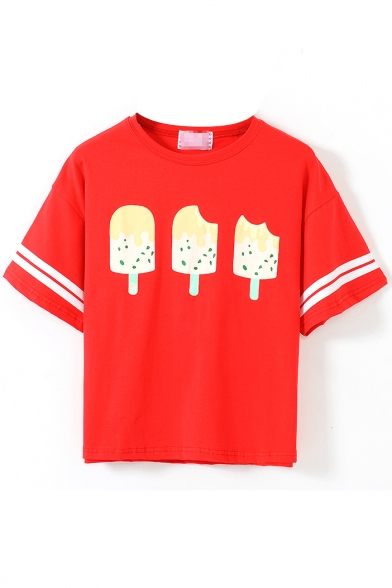 Red Short Sleeve Ice Cream&Stripe Crop T-Shirt