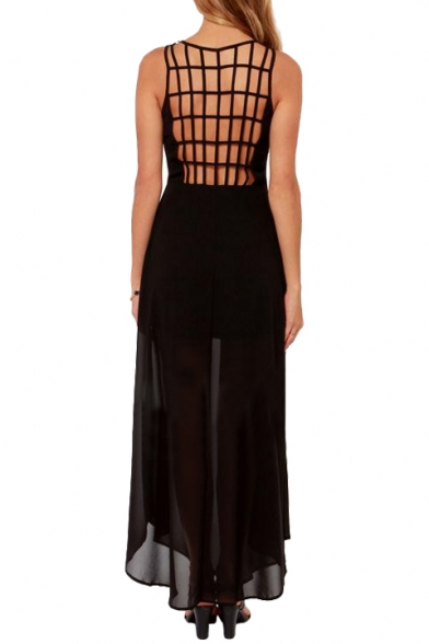 Sexy Checker Cutout Back Sleeveless Chiffon Longline Dress