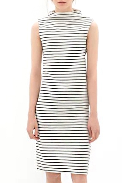 Stripe Print Half High Neck Sleeveless Shift Dress