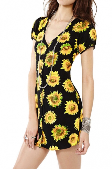 Sun Flower Print V Neck Short Sleeve Dress with Tie Back