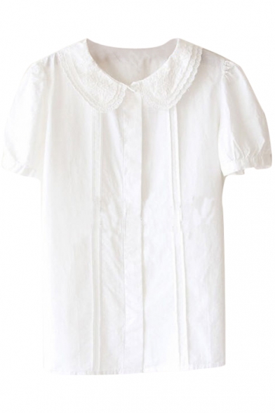 White Short Sleeve Embroidered Detail Lapel Cute Shirt - Beautifulhalo.com