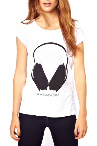 White Short Sleeve Headphone Print Round Neck T-Shirt
