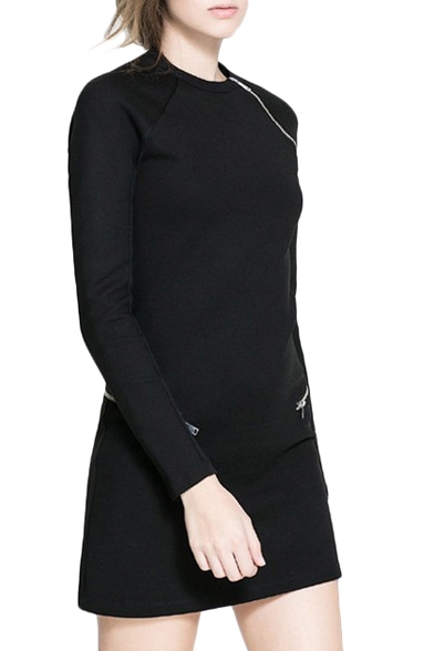 Asymmetric Zipper Embellished Black Knitted Long Sleeve Slim Dress