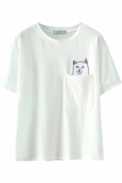 Cat Print Pocket Front Short Sleeve T-Shirt