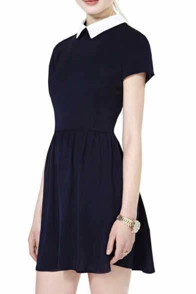 Contrast Collar Short Sleeve Dress with Gathered Waist - Beautifulhalo.com