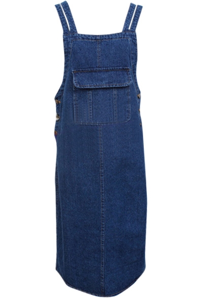 Dark Blue Double Straps Overall Style Denim Dress with Big Single Pocket