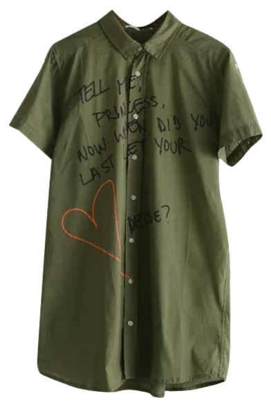 Dark Green Short Sleeve Letters&Heart Midi Shirt