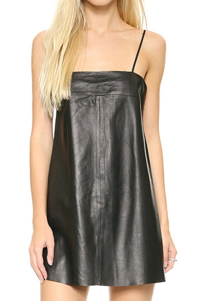 Fashionable Black Mini Slip Dress in Leather