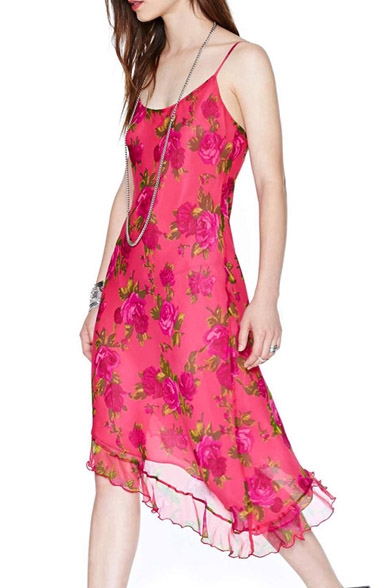 Floral Print Sleeveless Dress with Asymmetric Hem