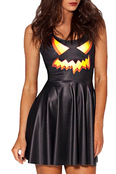 Pumpkin Lantern Print Black Tank A-line Dress
