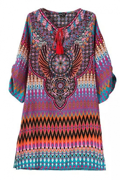 Purple Round Neck 3/4 Sleeve Ethnic Totem Radio Wave Print Shift Dress