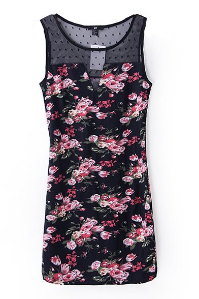 Red Floral Print Sleeveless Fitted Tank Dress