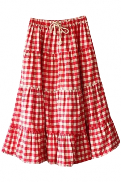 Red Gingham Mori Girl Style A-line Midi Skirt