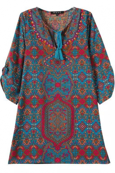 Round Neck 3/4 Sleeve Ethnic Pattern Print Shift Dress