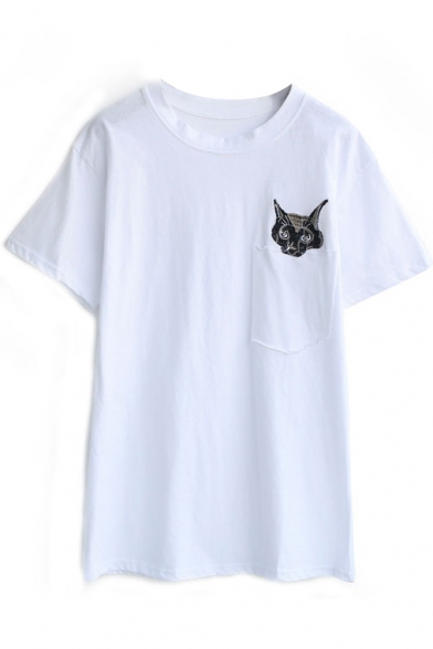 White Pocket Embroidered Cat Head T-Shirt